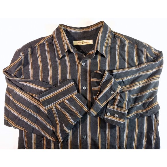 Tommy Bahama Button Up Long Sleeve Shirt - Black/Tan Stipe Silk - Mens Large - Picture 3 of 9